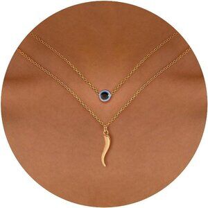 ⚡Gold Evil Eye Necklace with Horn Pendant Layered Protection Jewelry for Women